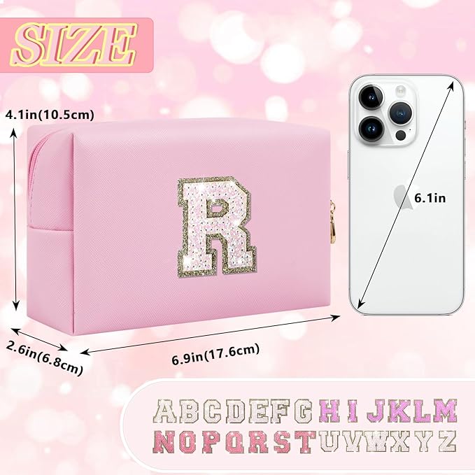 Personalized Initial Letter Makeup Bag, Small Glitter Letter Patch Cosmetic Pouch Zipper, Preppy Makeup Organizer PU Waterproof Travel Toiletry Bag, Monogrammed Birthday Gift for Women Girls