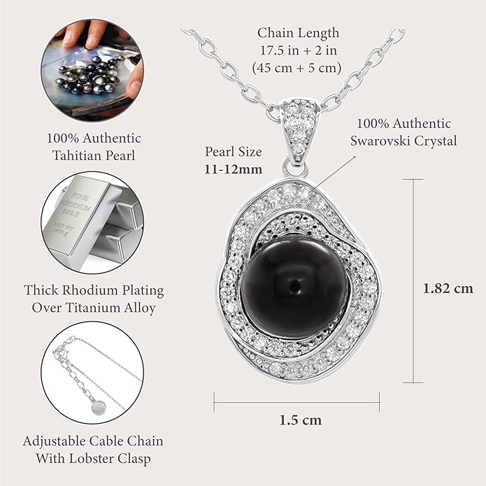 TRYNDI Real Tahitian Black Pearl Necklace Gifts for Women - Larger 11-12mm Luxury Pearl, Gifts For Wife Christmas - Valentines Soulmate Necklace For Women