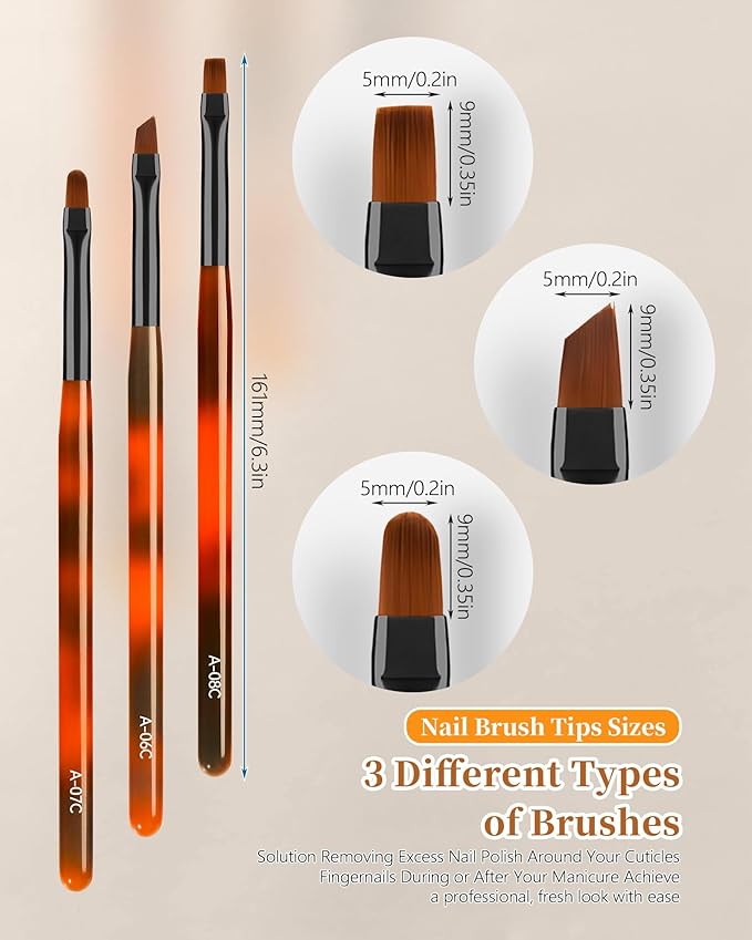 3PCS Nail Art Clean Up Brushes, Round/Angled/flat Acetone Resistant Gel Nail Polish Remover Brush, Nail Brushes for Tidying Up Polish Mishaps on Cuticles, and Nail Art Designs（Orange Black）