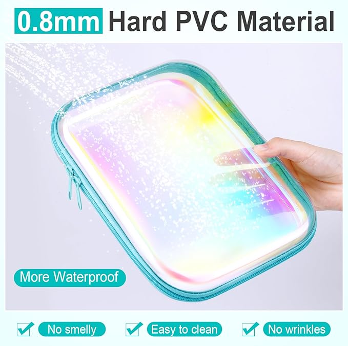 Sanwuta 6 Pcs Clear Hard Zipper Case Hard Plastic Zipper Pouches Makeup Bag Pencil Pouches Transparent Cases for Snacks Plastic Storage Organizer Box for Travel(Holographic,9.84 x 7.87 x 2 Inch)