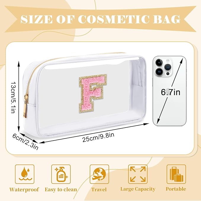 Personalized Initial Letter Clear Makeup Bag,Preppy Small Nylon&PVC Cosmetic Zipper Bag with Chenille Letter,Travel Skincare Toiletry Bag,Monogram Christmas Gift for Teen Girls Women,F