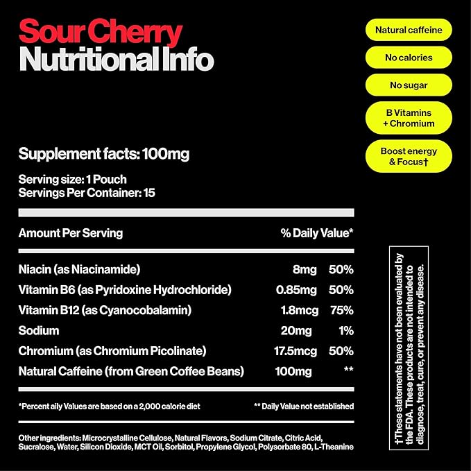 Wip Energy Pouches | 200mg Natural Caffeine | Vitamins and Minerals | Sour Cherry | 15 Pouches Per Can | 1 Can