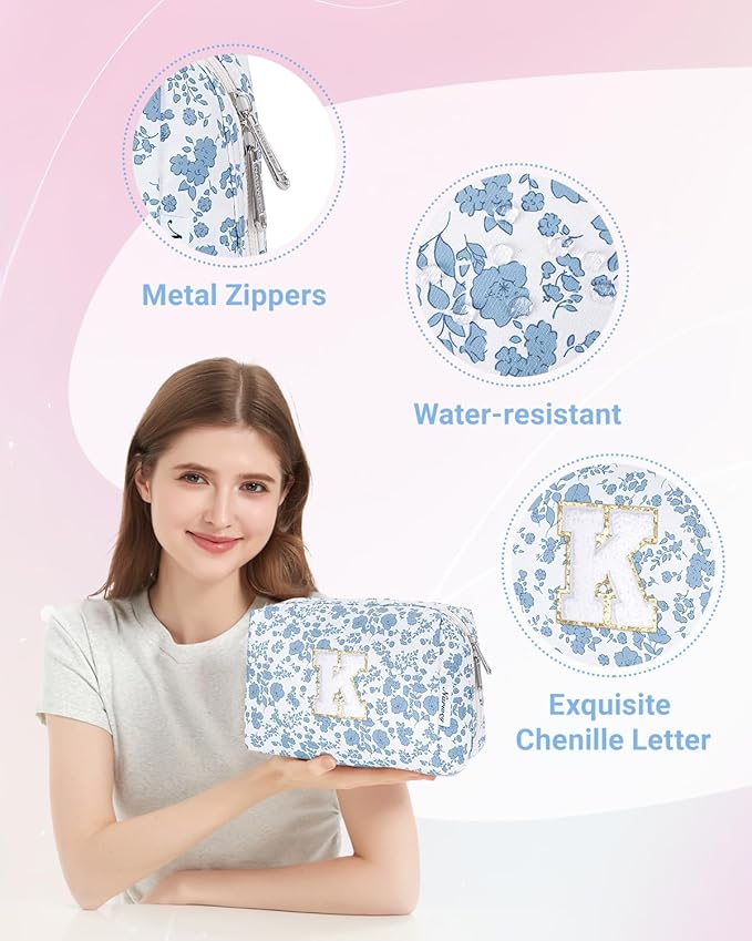 Narwey Birthday Gifts for Teen Girls Kids Women Personalized Initial Floral Makeup Bag Cute Cosmetic Trendy Stuff 6 8 10 11 12 13 14 16 18 Years Old Travel Toiletry Bag (Little Blue Flower K)