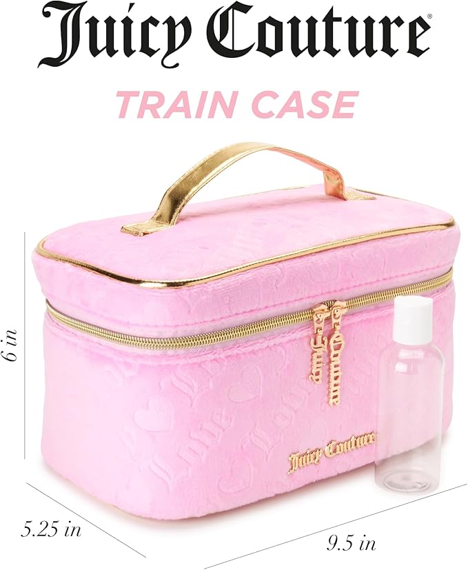 Juicy Couture Pink Makeup Bag Cosmetics Organizer Travel Essentials Train Case Velour Heart Logo