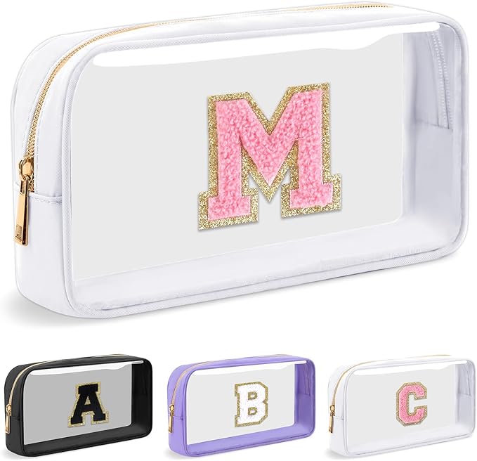 Personalized Initial Letter Clear Makeup Bag,Preppy Small Nylon&PVC Cosmetic Zipper Bag with Chenille Letter,Travel Skincare Toiletry Bag,Monogram Christmas Gift for Teen Girls Women,M