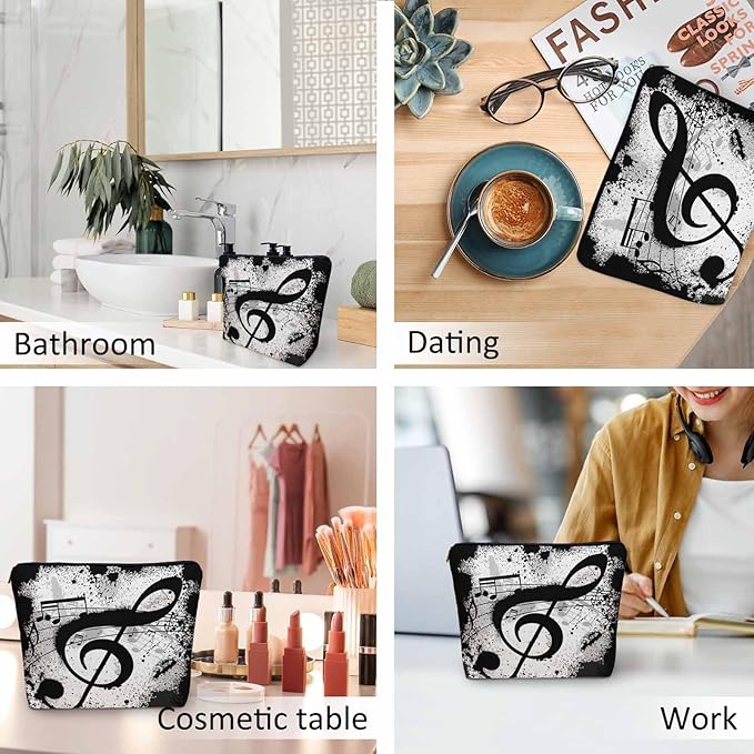 Music Notes Makeup Organizer Bag Cosmetic Bag For Men Women, Grunge Musical Notes Melody Black Travel Toiletry Bag Flax Makeup Bags Purse Business Makeup Pouch For Toiletries Cosmetics