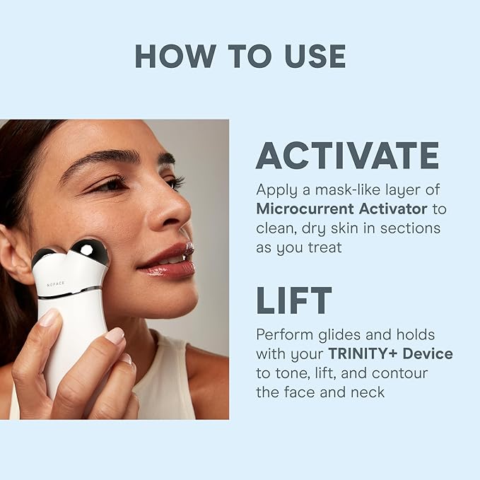 NuFACE TRINITY+ Microcurrent Facial Device Kit - FDA Cleared Face Sculpting & Neck Tightening Device to Contour Cheeks & Brows + Microcurrent Gel Activator & Silk Creme