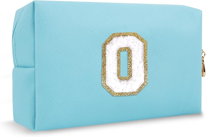 Small Initial Preppy Patch Makeup Bag, Personalized Blue Cute Cosmetic Zipper Pouch Toiletry Bags for Traveling, Waterproof Chenille Letter Make Up Storage Travel Essentials for Women Female(Letter O)