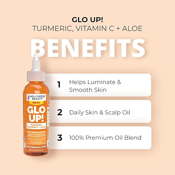 Hollywood Beauty Glo Up! Daily Skin & Scalp Oil to Brighten and Smooth with Turmeric, Vitamin C, and Aloe, 4 fl oz