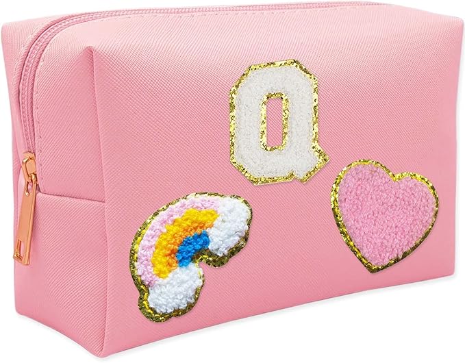 Personalized Inital Preppy Makeup Bag Set with Zipper, Monogram Waterproof Travel Cosmetic Bag for Women, Cute Preppy Patch Toiletry Bag for Traveling Outdoors, Gift Ideal for Christmas Thanksgiving