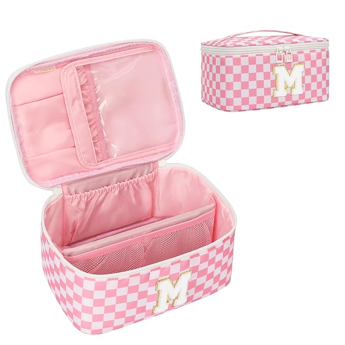 OCHEAL Makeup Bag for Women, Monogram Cosmetic Bag with Brush Holder, Pink Travel Makeup Case Beauty Toiletry Bag Organizer Personalized Gifts for Girls Bridesmaid, Sister, Wife, Friends Initial M