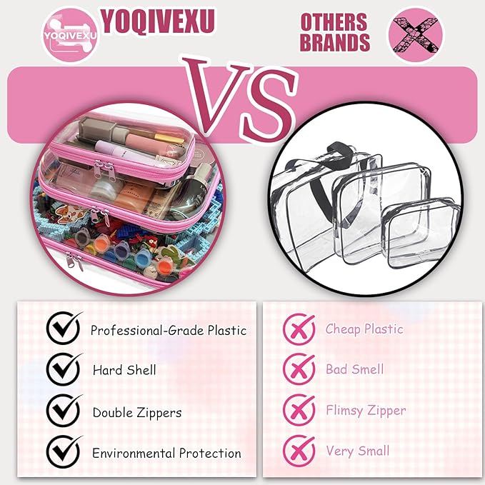 3 Pcs Clear Hard Zipper Case, Hard Shell Plastic Clear Organizer Bag, Transparent Makeup Pouches, Portable Box for Travel Toiletries Storage Bins (Pink, Multi)