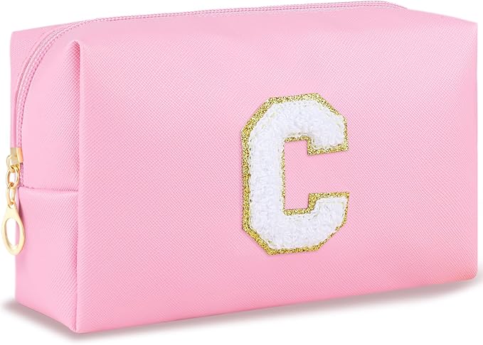 Initial Makeup Bag Personalized Cosmetic Bag with Zipper Cute Travel Toiletry Bag PU Waterproof Makeup Pouch Monogrammed Birthday Gift for Women Preppy Stuff for Teen Girls (Pink C)
