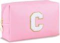 Initial Makeup Bag Personalized Cosmetic Bag with Zipper Cute Travel Toiletry Bag PU Waterproof Makeup Pouch Monogrammed Birthday Gift for Women Preppy Stuff for Teen Girls (Pink C)