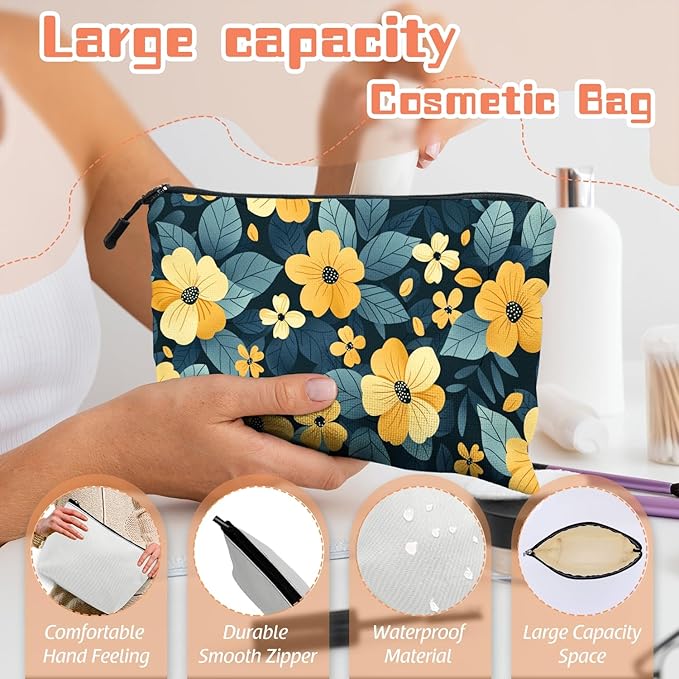 Cosmetic Bags Travel Makeup Toilet Case Waterproof Pouch for Women Girls 6.7X9.45inches - Pattern of Yellow Flowers on A Dark - Teal Background