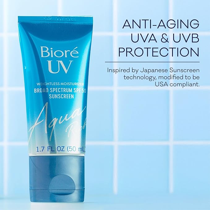 Biore UV Aqua Rich Daily Hydrating Facial Moisturizer with SPF 50 | Oil Free Sunscreen & Primer for Makeup with Hyaluronic Acid, No White Cast, Non-Comedogenic, For Sensitive Skin, PA++++, 1.7 Oz