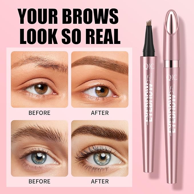 QIC Microblading Eyebrow Pen,Eyebrow Pencils for Women with 4-Fork-Tip, Waterproof Eye Brow Pencil Natural Hair-Like And Long-Lasting (Dark Brown)