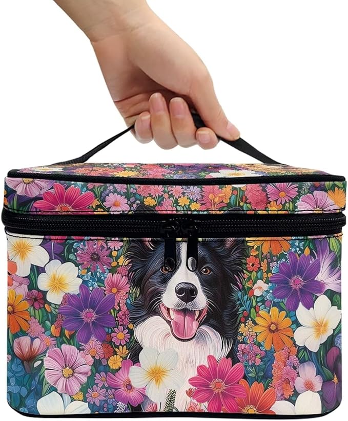 JoyLamoria Collie and Flower Cosmetic Bag Outdoor Travel Makeup Bag Cute Cosmetic Wallet Coin Purse for Teens