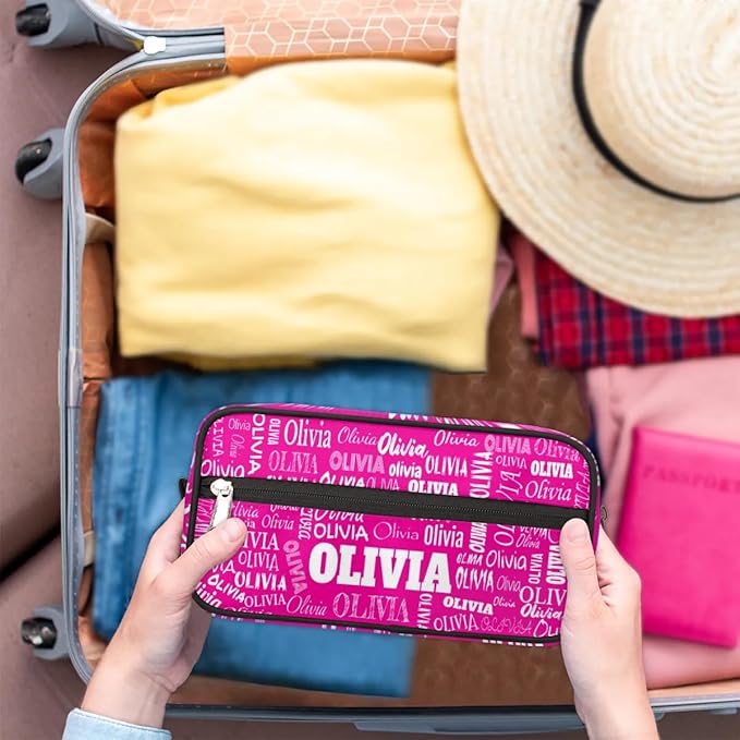 Personalized Travel Cosmetic Bag Waterproof Makeup Bags, Custom Name Rosy Pink Organizer Case Toiletries Container Bag