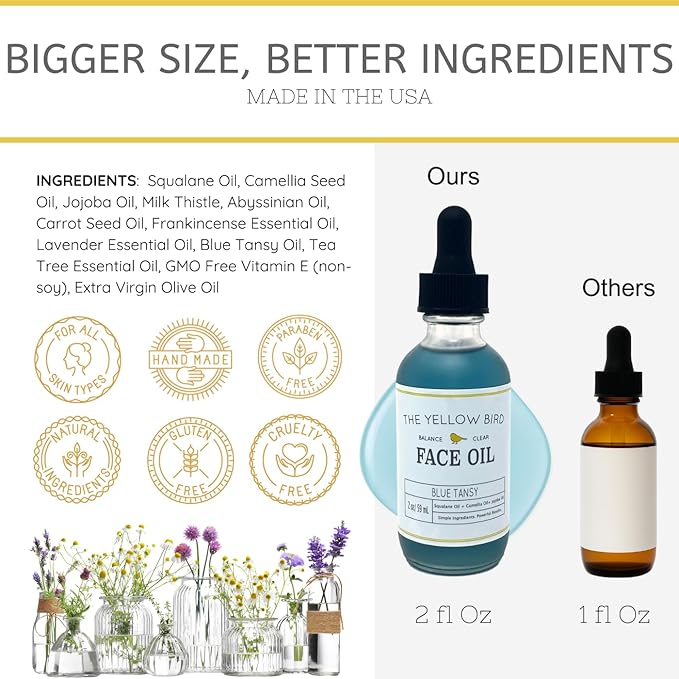 Yellow Bird Balancing Blue Tansy Face Oil 2 oz / 59 ml – Skin Glowing Serum. Collagen Support. Promotes Clear Skin Naturally. Wrinkle, Blemish & Pore Minimizer. Natural, Vegan Facial Moisturizer.