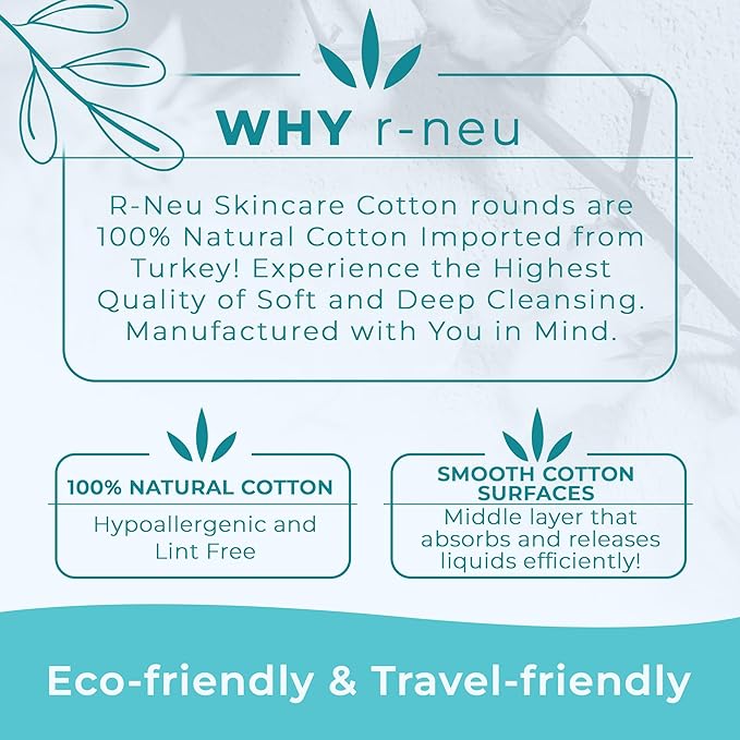 R-Neu Premium [Turkish] Cotton Rounds, 400 Count, Stitched, Waffle Textured, 100% Pure & Natural Cotton Pads for Face, Hypoallergenic Makeup Remover (4 Pack of 100)