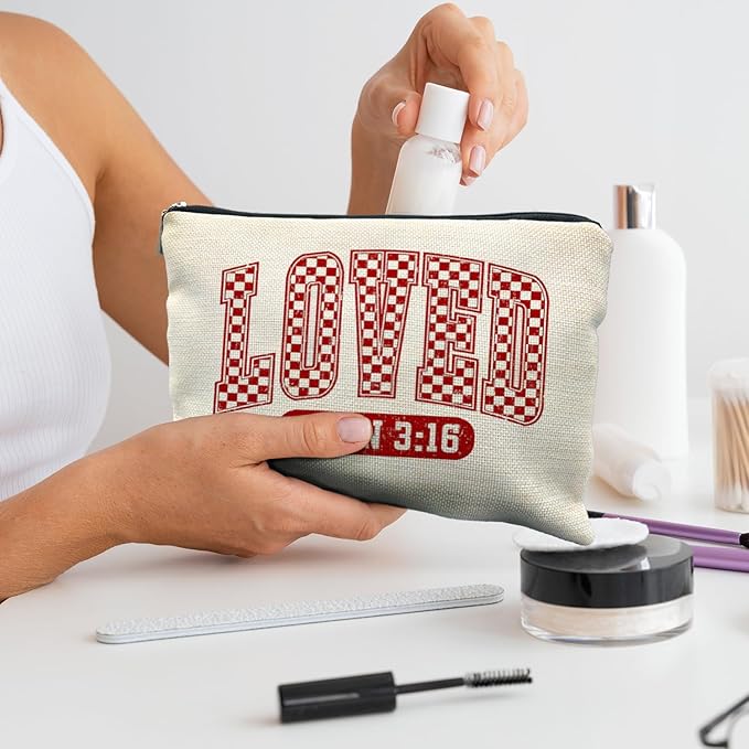 Loved John 3:16 Bible Verse Makeup Bag, Trendy Christian Cosmetic Bags for Women, Christian Gifts for Women Makeup Pouch, Faith Based Gifts Zipper Pouch