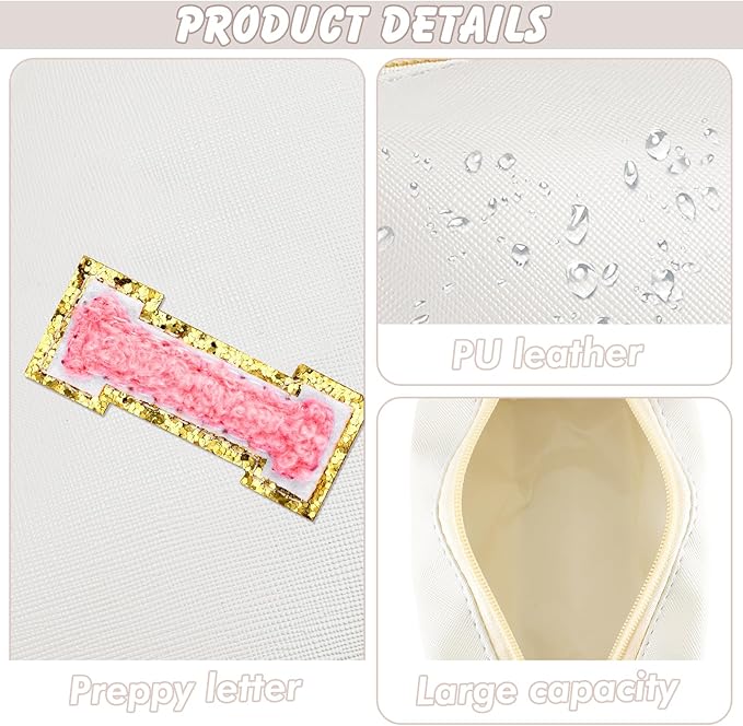 Initial Makeup Bag Personalized Preppy Travel Small Cosmetic Bag Cute PU White Chenille Letter Makeup Pouch for Purse Waterproof Zippered Toiletry Organizer for Women Girls Kids Friends (I)