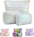 Hiroyuki Iridescent Quilted Makeup Bag, 3pcs Cute Makeup Bag Set, Large Capacity Cosmetic Organizer Travel Toiletry Pouch (plain, cyan)