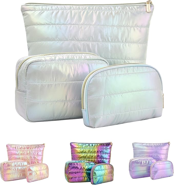 Hiroyuki Iridescent Quilted Makeup Bag, 3pcs Cute Makeup Bag Set, Large Capacity Cosmetic Organizer Travel Toiletry Pouch (plain, cyan)