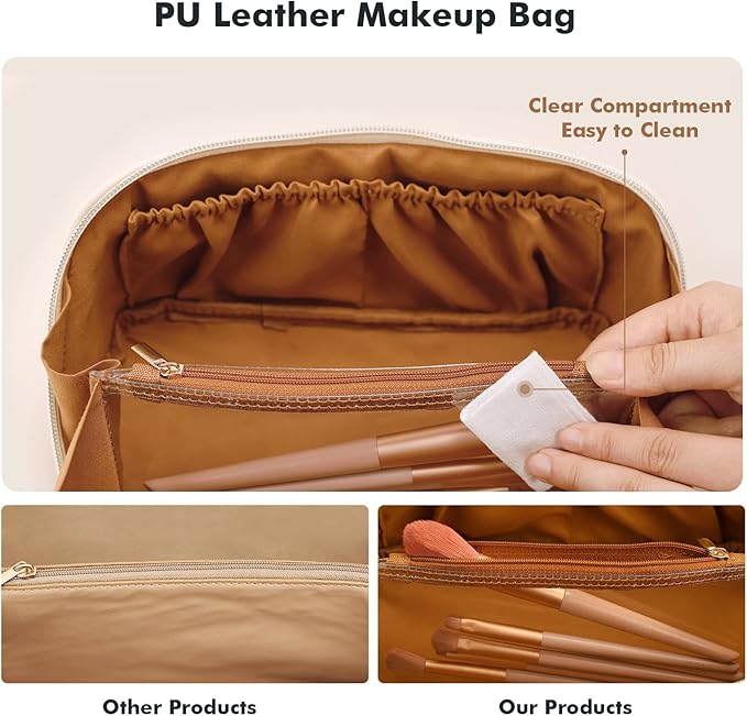 Prite Makeup Bag for Women Travel Waterproof Vegan Leather Cosmetic Bag Open Flat Toiletry Bag With Clear Divider and Handle