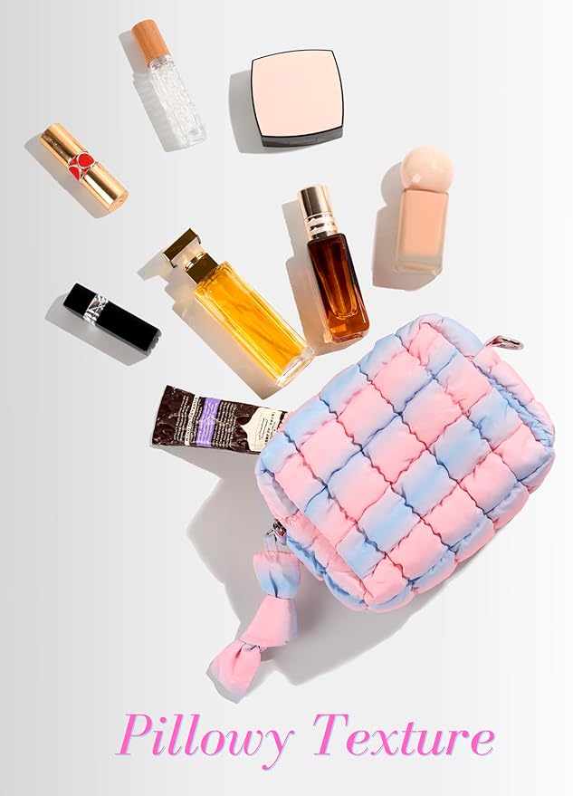 Yarnic Quilted Makeup Bag Cosmetic Bag, Travel Toiletry Bag for Women, Cute Makeup Bag Organizer Puffer Makeup Pouch (Blue Pink, S)