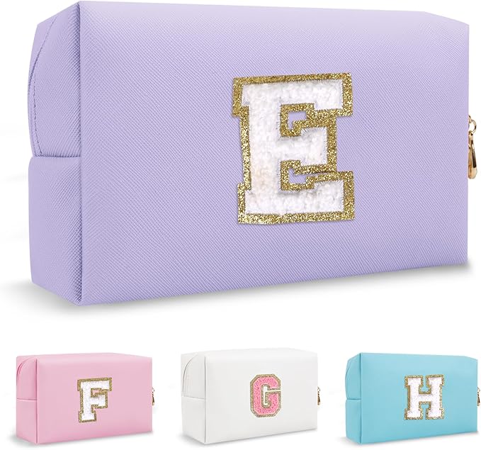 Personalized Chenille Letter Preppy Makeup Bag, Small Purple Initial Cosmetic Organizer Toiletry Zipper Pouch Monogram Make Up Storage, Waterproof PU Make Up Case Travel Essentials for Women(Letter E)