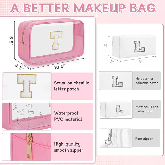 Personalized Initial Clear Makeup Bag, Travel Chenille Patch Cosmetic Bag, Preppy Toiletry Bag Monogram Cosmetic Pouch with Zipper, Ideal Gift for Teen Girls Women (Clear-Pink, T)