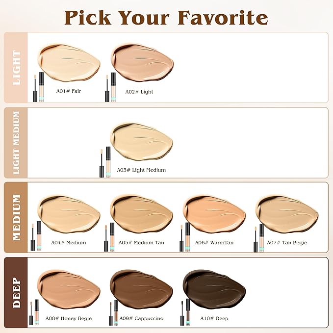 Full Coverage Liquid Concealer, Foundation Makeup for Older Women, Covers Blemishes & Under-Eye Circles, Spots, Matte Finish, Hydrating Primer for Correct, 0.06 fl oz, Vegan & Cruelty-Free A02#Light