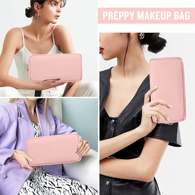 Nylon Small Makeup Bag for Purse, Cute Preppy Pink Makeup Bag Cosmetic Zipper Pouch Purse, Waterproof Portable Travel Toiletry Bag Clutch Makeup Brush Bag Organizer Storage for Women Men Girls(Pink)