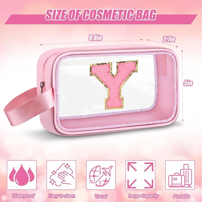 Initial Makeup Bag,Letter Y Cute Clear Monogrammed Cosmetic Travel Bag for Womens Girls,Personalized Pink Aesthetic Traveling Make Up Organizer Bag for Beach,Waterproof Toiletry Bag
