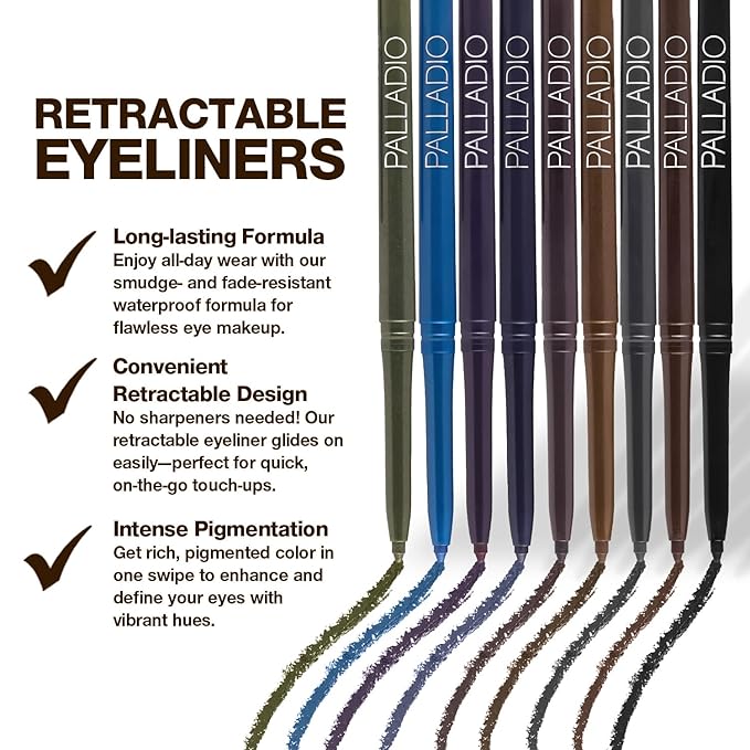 Palladio Retractable Waterproof Eyeliner, Richly Pigmented Color and Creamy, Slip Twist Up Pencil Eye Liner, Smudge Proof Long Lasting Application, All Day Wear, No Sharpener Required, Deep Blue