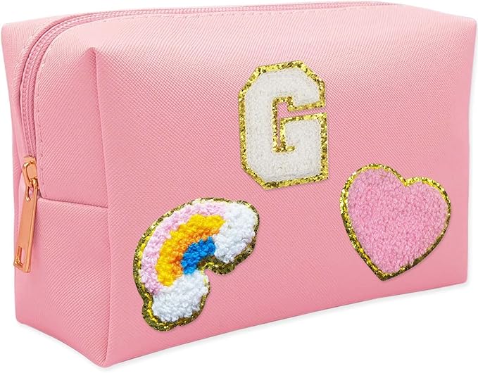 Personalized Inital Preppy Makeup Bag Set with Zipper, Monogram Waterproof Travel Cosmetic Bag for Women, Cute Preppy Patch Toiletry Bag for Traveling Outdoors, Gift Ideal for Christmas Thanksgiving