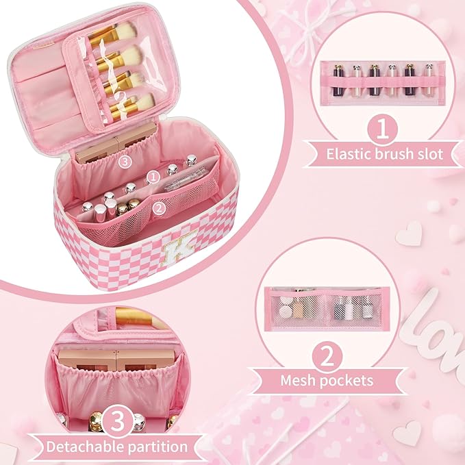 OCHEAL Makeup Bag for Women, Monogram Cosmetic Bag with Brush Holder, Pink Travel Makeup Case Beauty Toiletry Bag Organizer Personalized Gifts for Girls Bridesmaid, Sister, Wife, Friends Initial K
