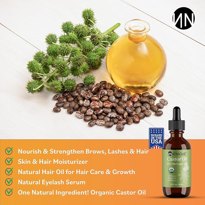 Natnique Castor Oil 2oz – USDA Certified Organic, 100% Pure Cold Pressed Unrefined Oil for Hair Growth, Eyelashes, Eyebrows & Scalp – Natural Skin Moisturizer, Lash Serum & Hair Treatment