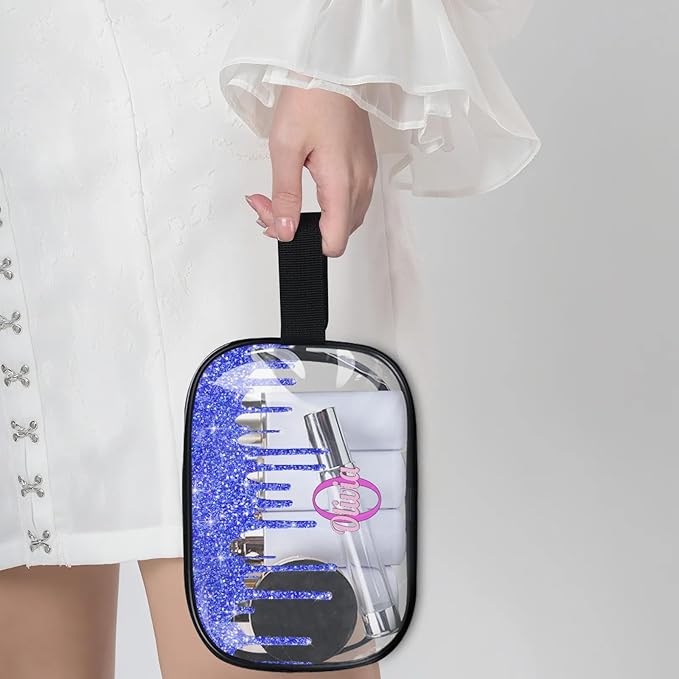 Personalized Clear Makeup Bag with Name, Best Friends Teen Women Mom Birthday Gift Transparent PVC Toiletry Travel Bag for Toiletries, Shiny Bling Royal Blue Fluid Shape Glittery