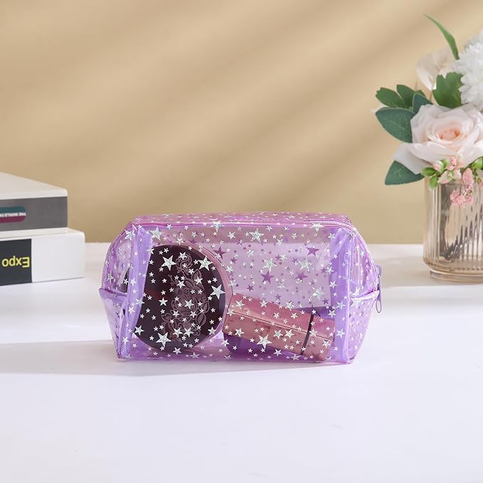 Yaopeing 2Pcs PVC Clear Makeup Bag Organizer for Women,Star Transparent Cosmetic Case Travel Toiletry Pouch with Zipper,Large Make Up Purse for Daily Accessory,Purple