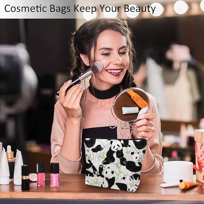 Panda Makeup Organizer Bag Cosmetic Bag For Men Women, Cute Pandas Forest Bamboo Leaves Panda Travel Toiletry Bag Flax Makeup Bags Purse Business Makeup Pouch For Toiletries Cosmetics