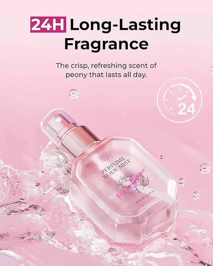 BOM Peony Garden Perfume Body Mist 3.71 Fl Oz, Floral Scented Fine Mist with Hyaluronic Acid, Niacinamide & Vitamin C, Hydrating, Lightweight Body Perfume, Long-Lasting Fragrance, Korean Skincare