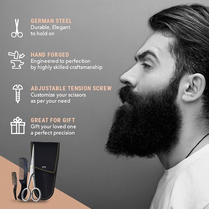 Ontaki German Steel Beard Scissors - 5-Inch, Silver, 1 Count - Beard Grooming Shears & Mustache Trimming Kit with Comb & Pouch, Airplane Friendly, Hand-Forged 410C Steel, Finger Rest