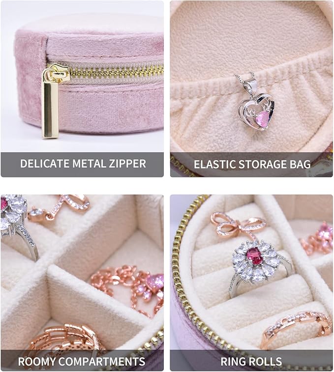 TAIMY Travel Jewelry Organizer, Small Round Velvet Travel Jewelry Case for Women Girls, Portable Mini Jewelry Travel Organizer Boxes for Rings Earrings Necklaces Bracelets(White)