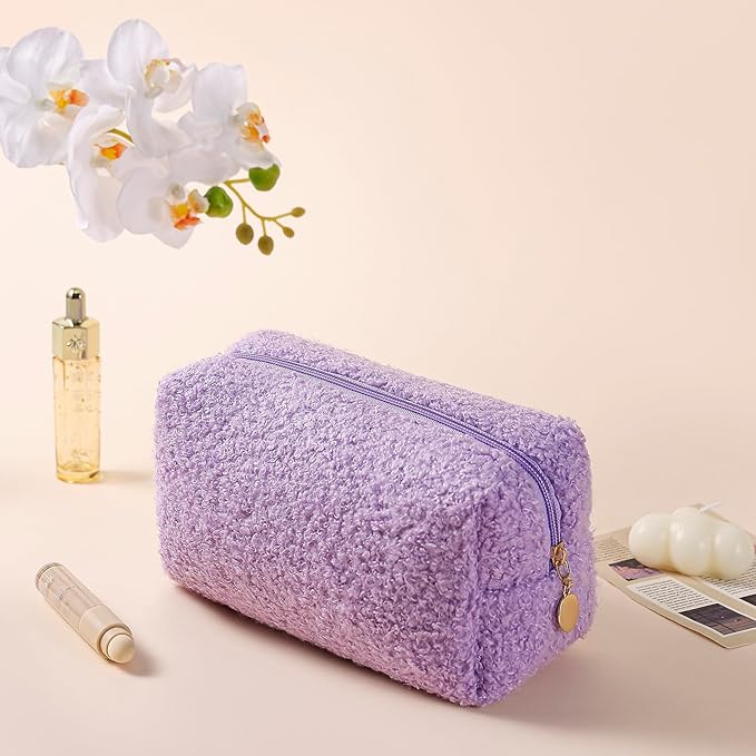 JOVAKIT Travel Makeup Bag Cosmetic Bag for Women, Fashion Christmas Gifts, Plush Zipper Make Up Pouch, Large Capacity Toiletry Organizer Makeup, Portable Storage Bag Trendy Stuff (Purple)