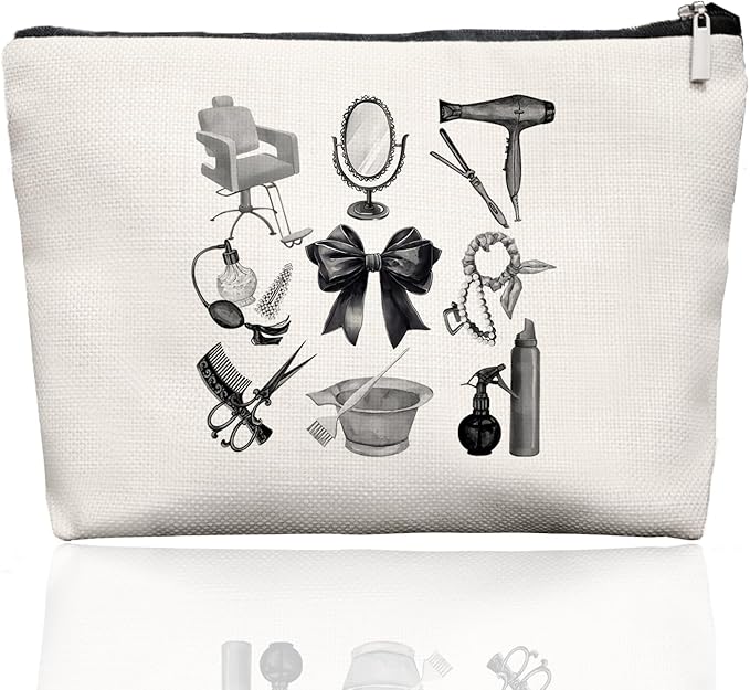 Black & White Hairstylist Makeup Bag, Aesthetic Salon Travel Organizer, Cosmetology Student Gifts for Women, Hairdresser Accessories Pouch for Teen Girls, 7.5 x 10 in