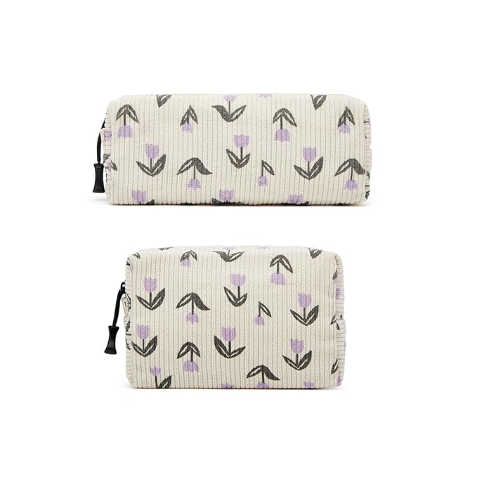 Makeup bag set small Cosmetic bag for women purse Corduroy Organizer with interior Pockets,cute Pencil zipper Pouch travel Toiletry Bag with handle(Tulip Purple)