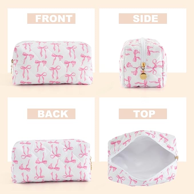 Makeup Bag Travel Toiletry Bag for Women, Small Cosmetic Bags Cute Quilted Cotton Makeup Pouch for Purse Emergency Bag for School Floral Pencil Case Accessory Bag, Ribbon Bow